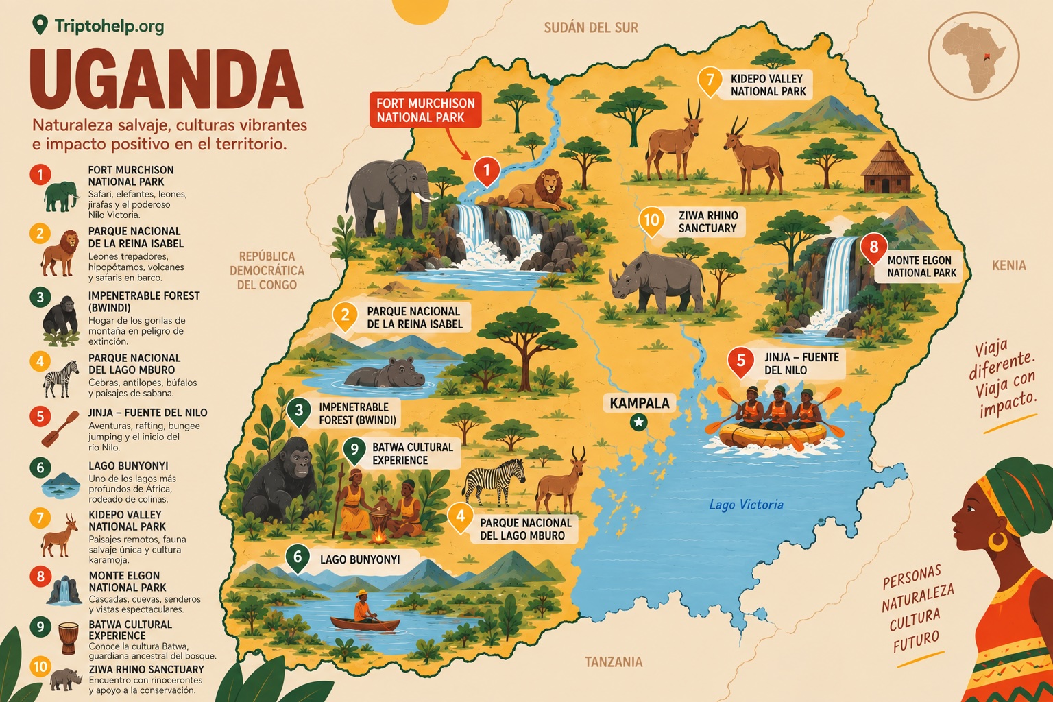 Mapa principales puntos de interés de Uganda por Triptohelp